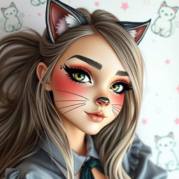 A beautiful girl with cat-inspired makeup, featuring dramatic eyeliner and a nose resembling a cat's