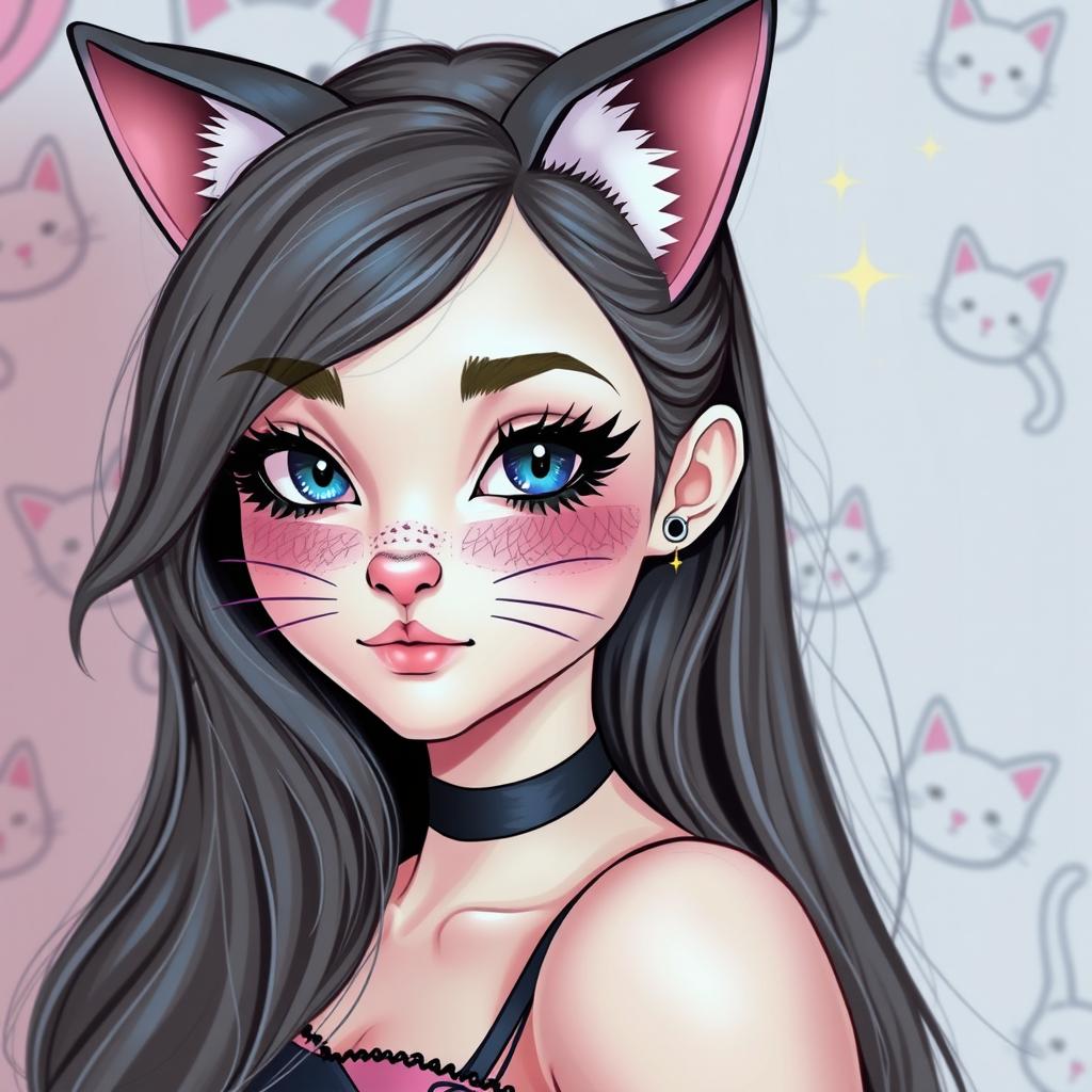 A beautiful girl with cat-inspired makeup, featuring dramatic eyeliner and a nose resembling a cat's