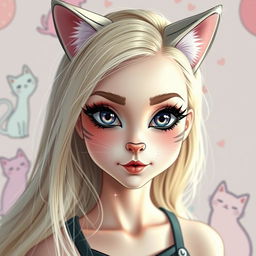 A beautiful girl with cat-inspired makeup, featuring dramatic eyeliner and a nose resembling a cat's