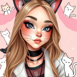 A beautiful girl with cat-inspired makeup, featuring dramatic eyeliner and a nose resembling a cat's