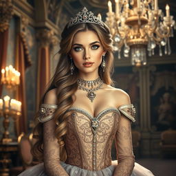 A majestic scene featuring a beautiful princess in an ornate, royal setting