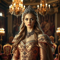 A majestic scene featuring a beautiful princess in an ornate, royal setting