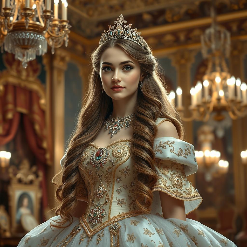 A majestic scene featuring a beautiful princess in an ornate, royal setting