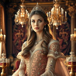 A majestic scene featuring a beautiful princess in an ornate, royal setting