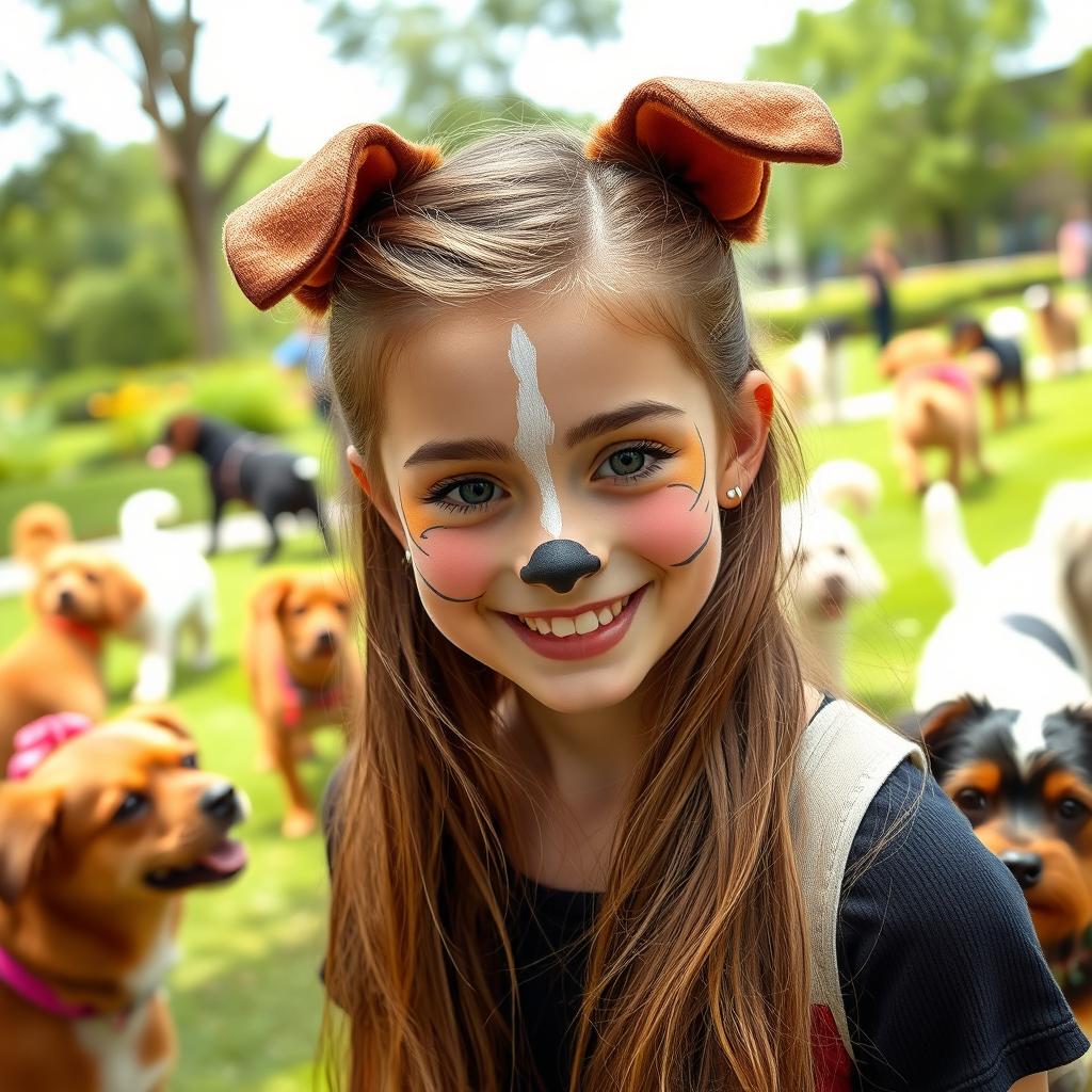 A real-life beautiful girl with dog-inspired makeup, featuring playful dog-like features such as a cute nose, painted whiskers, and expertly crafted ears that blend with her hairstyle