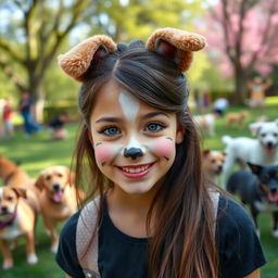 A real-life beautiful girl with dog-inspired makeup, featuring playful dog-like features such as a cute nose, painted whiskers, and expertly crafted ears that blend with her hairstyle