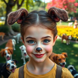 A real-life beautiful girl with dog-inspired makeup, featuring playful dog-like features such as a cute nose, painted whiskers, and expertly crafted ears that blend with her hairstyle