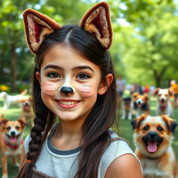 A real-life beautiful girl with dog-inspired makeup, featuring playful dog-like features such as a cute nose, painted whiskers, and expertly crafted ears that blend with her hairstyle