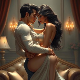 Realistic artwork depicting an adult couple engaging in a suggestive intimate pose, with an emphasis on the female figure's curves and the sensuality of the moment
