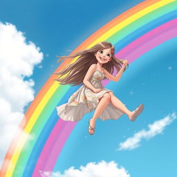 A beautiful real girl riding on a vibrant rainbow, her long hair flowing in the wind as she smiles joyfully