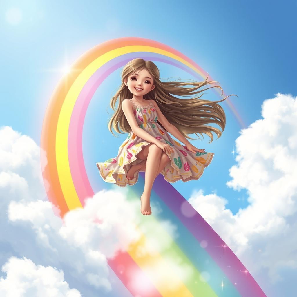 A beautiful real girl riding on a vibrant rainbow, her long hair flowing in the wind as she smiles joyfully