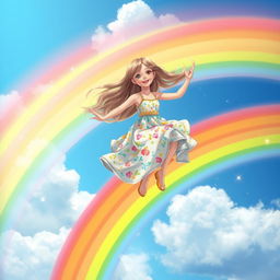 A beautiful real girl riding on a vibrant rainbow, her long hair flowing in the wind as she smiles joyfully