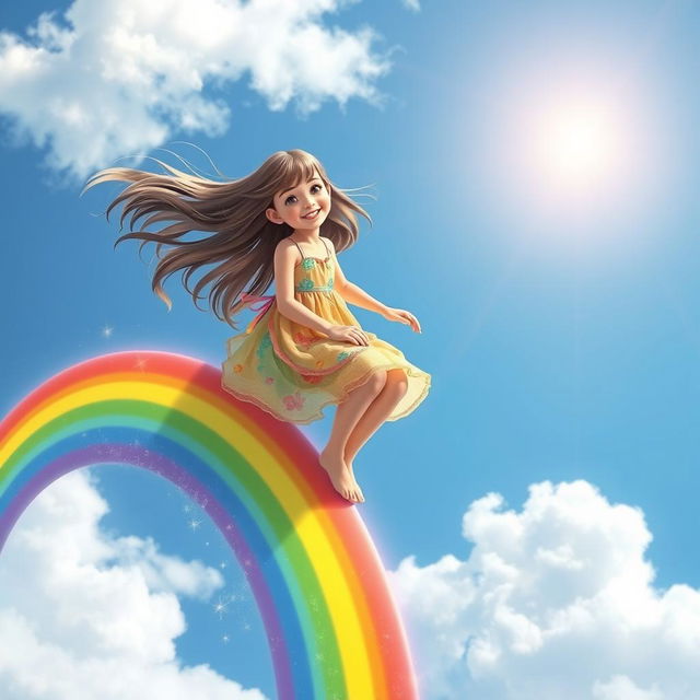 A beautiful real girl riding on a vibrant rainbow, her long hair flowing in the wind as she smiles joyfully