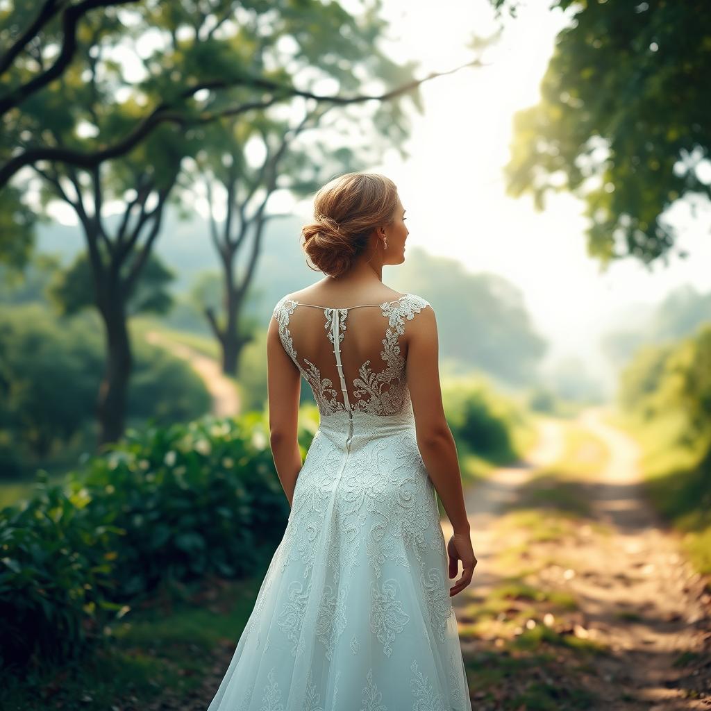 A contemplative bride standing at the crossroads of life, wearing a beautiful wedding dress with intricate lace details, surrounded by stunning nature