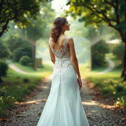 A contemplative bride standing at the crossroads of life, wearing a beautiful wedding dress with intricate lace details, surrounded by stunning nature