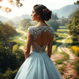 A contemplative bride standing at the crossroads of life, wearing a beautiful wedding dress with intricate lace details, surrounded by stunning nature