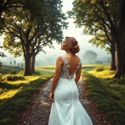 A contemplative bride standing at the crossroads of life, wearing a beautiful wedding dress with intricate lace details, surrounded by stunning nature