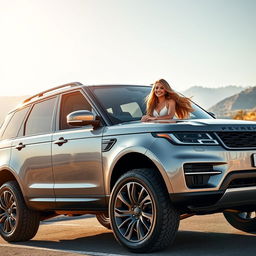 A beautiful real human girl sitting elegantly in a stylish, lifted SUV