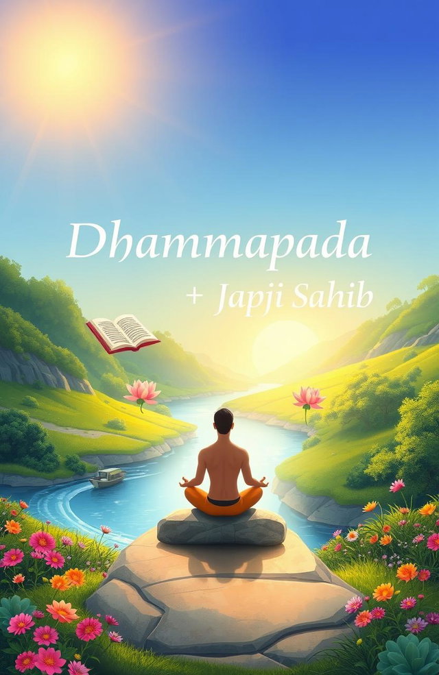 A serene and inspiring illustration representing the spiritual guidance of the Dhammapada and Japji Sahib