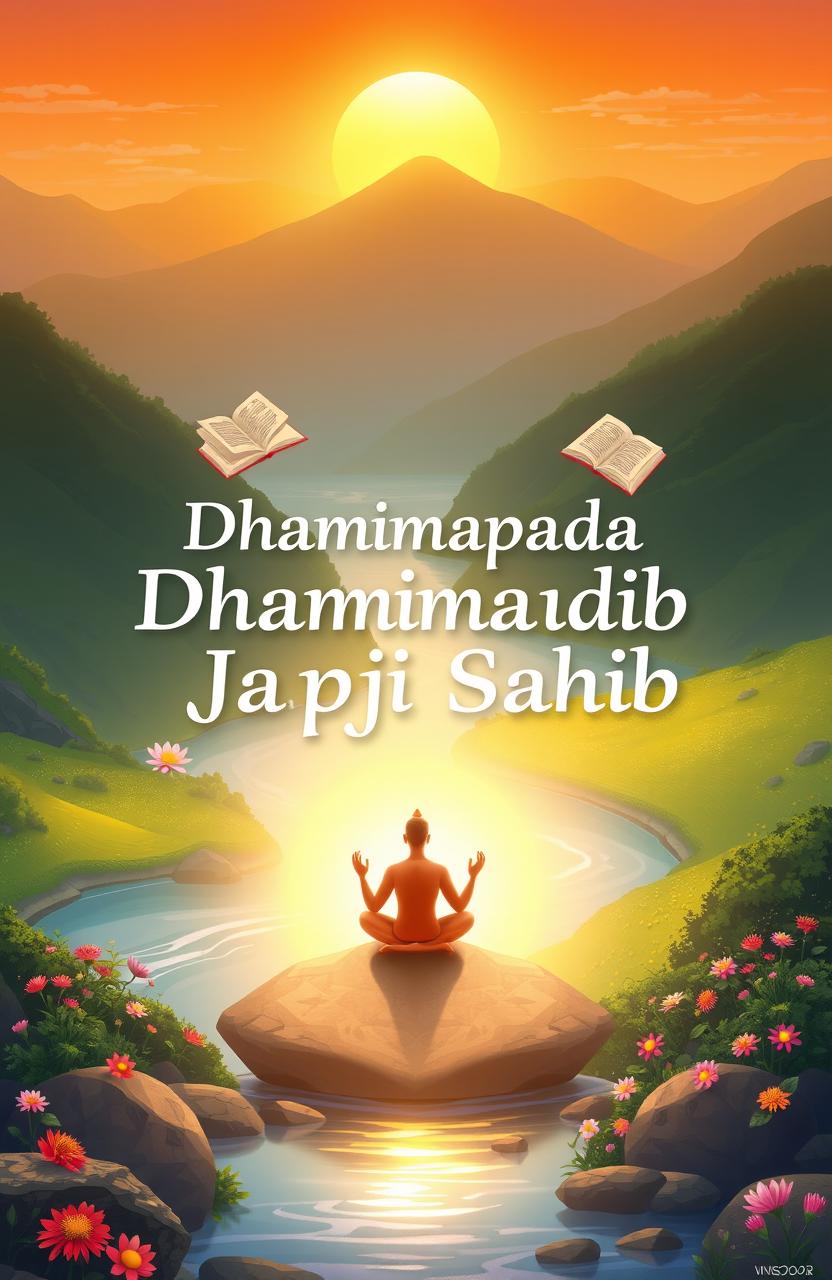 A serene and inspiring illustration representing the spiritual guidance of the Dhammapada and Japji Sahib