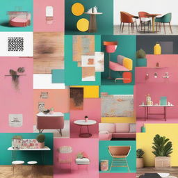 A vibrant and dynamic moodboard for a tech startup that caters to hipster cafes and bars. Accentuate vintage tech, chic cafe interiors, artisanal coffee and indie-bar scenes with rich and vivacious colors to create an energetic atmosphere.