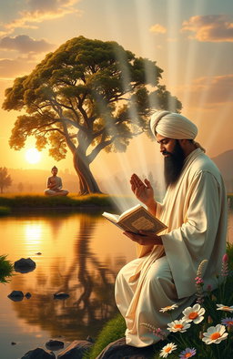 A beautifully crafted digital artwork illustrating the essence of the Dhammapada and Japji Sahib