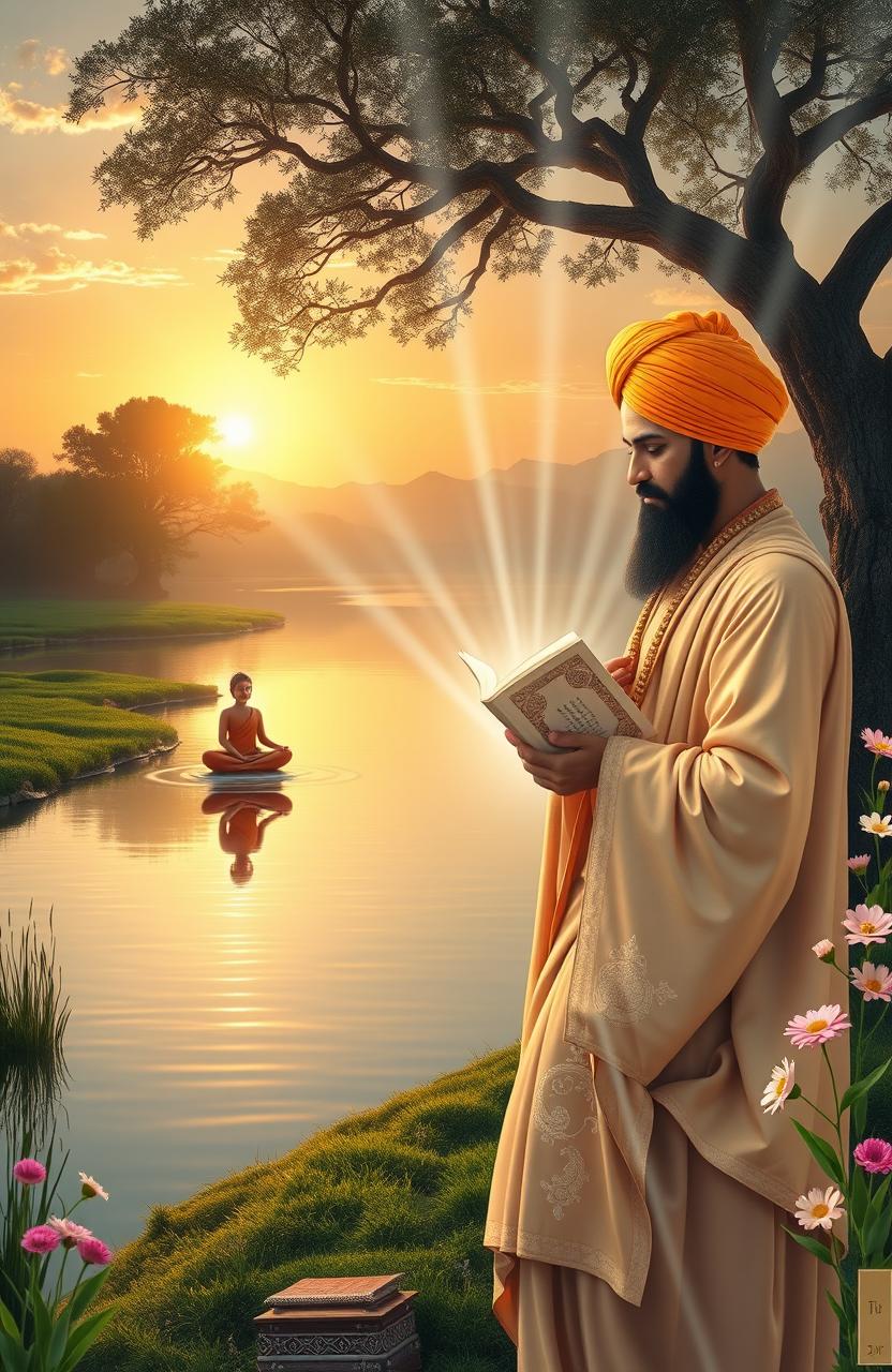 A beautifully crafted digital artwork illustrating the essence of the Dhammapada and Japji Sahib