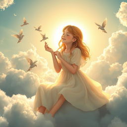 A beautiful real girl sitting peacefully in the sky, surrounded by fluffy clouds, as the sun shines brightly behind her