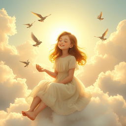 A beautiful real girl sitting peacefully in the sky, surrounded by fluffy clouds, as the sun shines brightly behind her