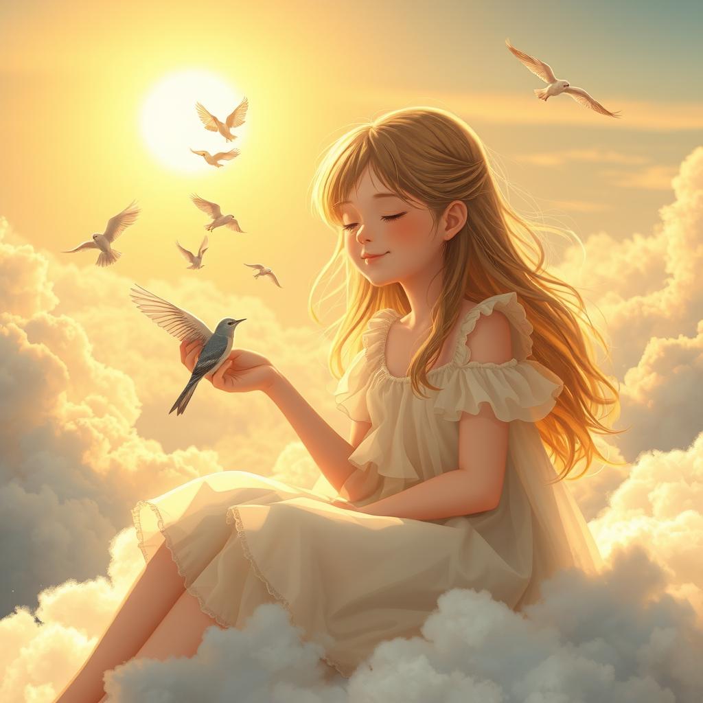 A beautiful real girl sitting peacefully in the sky, surrounded by fluffy clouds, as the sun shines brightly behind her