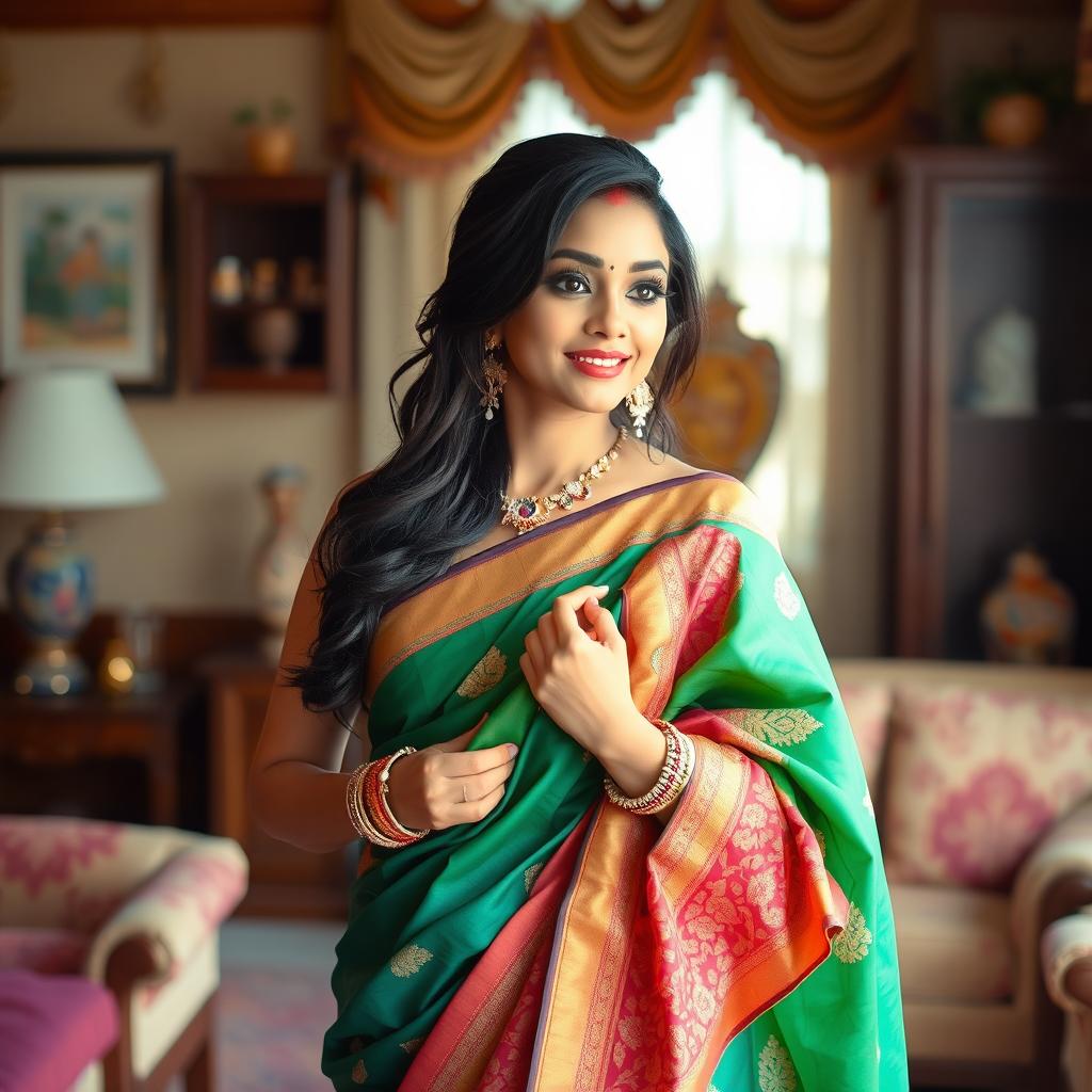 A beautiful Indian woman gracefully removing her colorful saree, her expression a mix of elegance and confidence