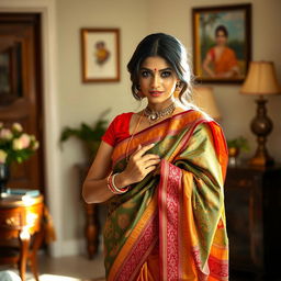A beautiful Indian woman gracefully removing her colorful saree, her expression a mix of elegance and confidence