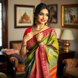 A beautiful Indian woman gracefully removing her colorful saree, her expression a mix of elegance and confidence