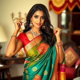 A beautiful Indian woman gracefully removing her colorful saree, her expression a mix of elegance and confidence