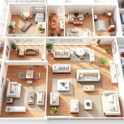 A detailed architectural plan featuring a variety of stylish furniture designs