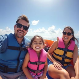 Sania, a cheerful young girl, is enjoying a day at sea with her dad and mom, all of them smiling and laughing as they sail in a colorful boat