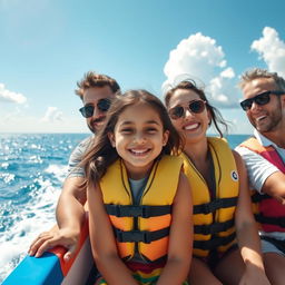 Sania, a cheerful young girl, is enjoying a day at sea with her dad and mom, all of them smiling and laughing as they sail in a colorful boat