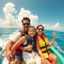 Sania, a cheerful young girl, is enjoying a day at sea with her dad and mom, all of them smiling and laughing as they sail in a colorful boat
