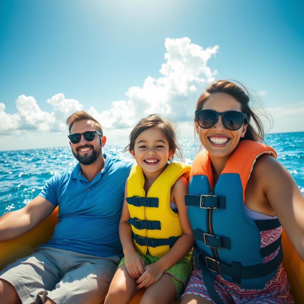 Sania, a cheerful young girl, is enjoying a day at sea with her dad and mom, all of them smiling and laughing as they sail in a colorful boat