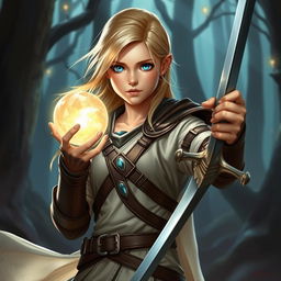 A young blond human female DnD character with striking blue eyes