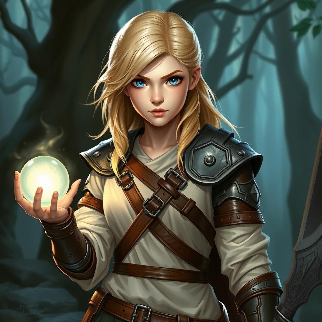 A young blond human female DnD character with striking blue eyes