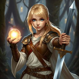 A young blond human female DnD character with striking blue eyes