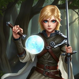 A young blond human female DnD character with striking blue eyes