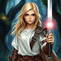 A young blond human female DnD character with captivating blue eyes