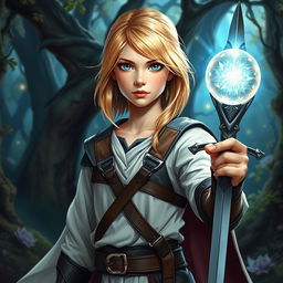 A young blond human female DnD character with captivating blue eyes