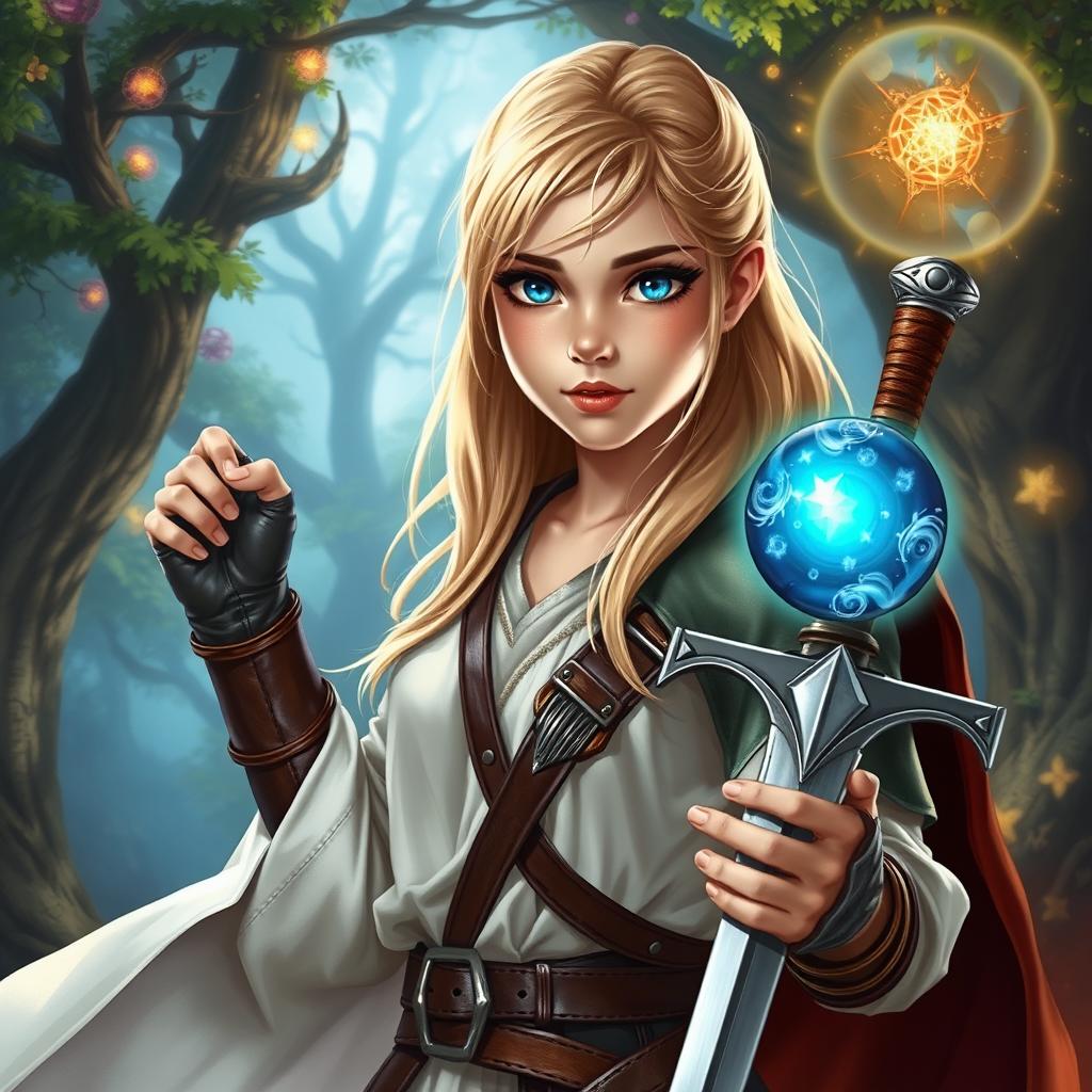 A young blond human female DnD character with captivating blue eyes