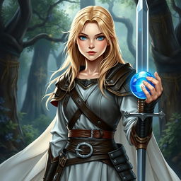 A young blond human female DnD character with captivating blue eyes