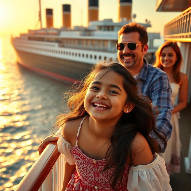 Sania, a joyful young girl, is aboard a majestic Titanic-style ship with her dad and mom