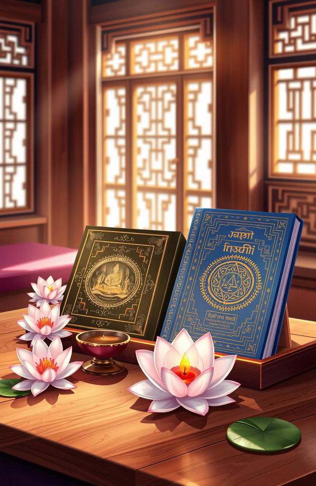 A serene and peaceful illustration depicting the sacred texts of Dhammapada and Japji, beautifully arranged on a wooden table