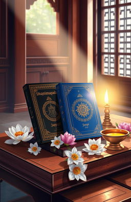 A serene and peaceful illustration depicting the sacred texts of Dhammapada and Japji, beautifully arranged on a wooden table